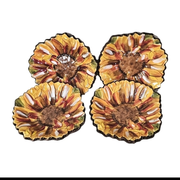 4 Clay Art Tuscan Yellow Sunflower Hand Painted Small Dipping Snack Plates - Picture 2 of 9